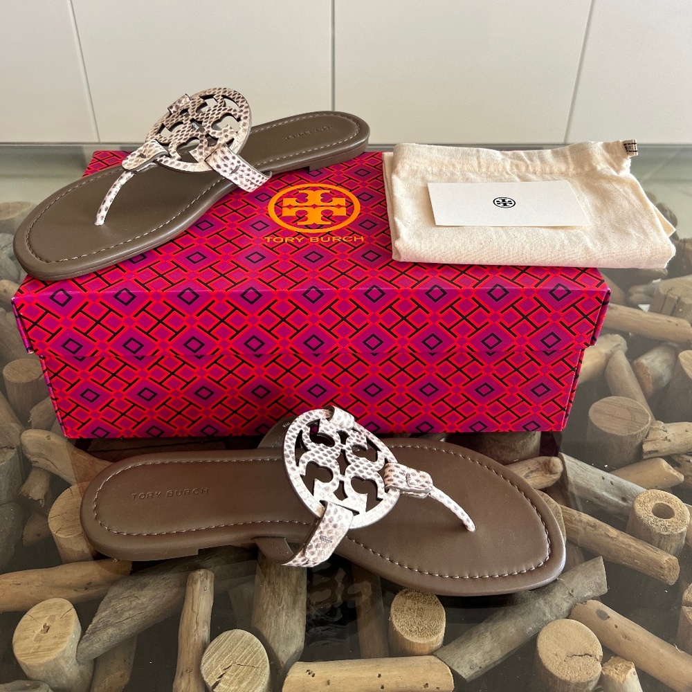 TORY BURCH Miller Stamped Snake Leather Sandals Smoke Roccia